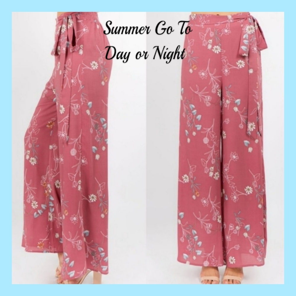 Mauve Floral Wide Leg Pants Size Small